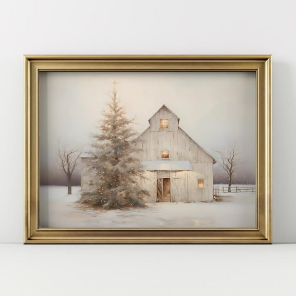 Winter Wall Art Rustic Barn Poster Christmas Tree Wall Decor Canvas Art Prints Painting Picture Artwork Home Christmas Mantel Decoration No Frame