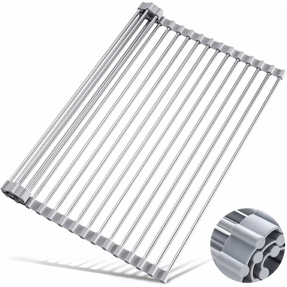 18.5" x 14.2" Roll Up Dish Drying Rack Over Sink Drying Rack Sink Cover Kitchen Sink Accessories Gadget Multipurpose Organizer Foldable Stainless Steel Drainer (Grey)