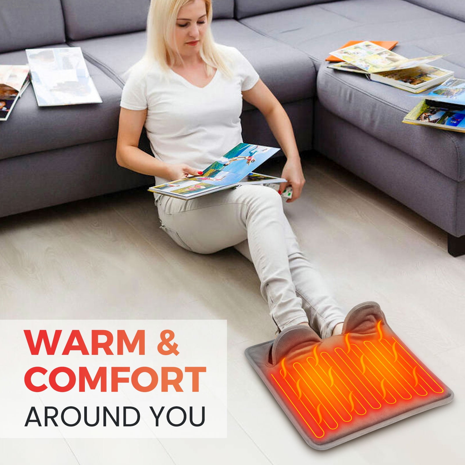ROMYSE Foot Warmer Pad, Electric Heated Foot Warmer with Remote Control, 9 Temperature and 4 Timer Setting, Machine Washable, Fast Heat, 16 ×16 inch for Bed,Office,Home, Christmas Gifts,Gray