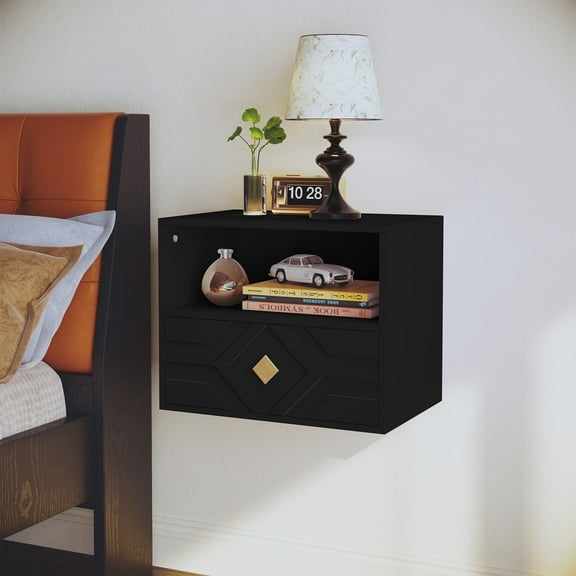 HLR Black Floating Nightstand with Drawer, Modern Wall Mounted Bedside Table for Bedroom