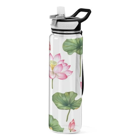 

32oz Transparent Sports Water Bottle with Straw BPA Free Tritan for Kids Adults Outdoor School Gym Fitness Pink Lotus Flowers