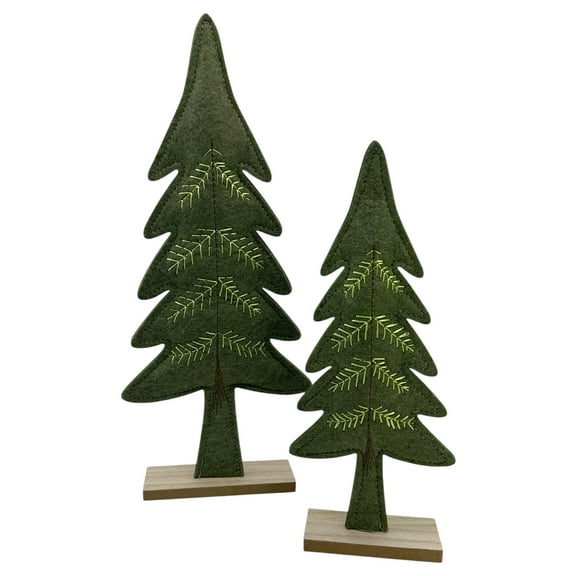 Christmas Tree Embroidered Wool Felt Holiday Pine Figurine Displays on Wood Base Set of 2, Green