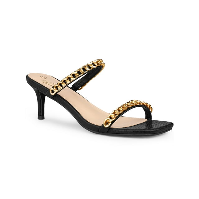 BLISSFUL STEP Square Toe Chain Stiletto Heels Slide Sandals for Women Black (Size 8)