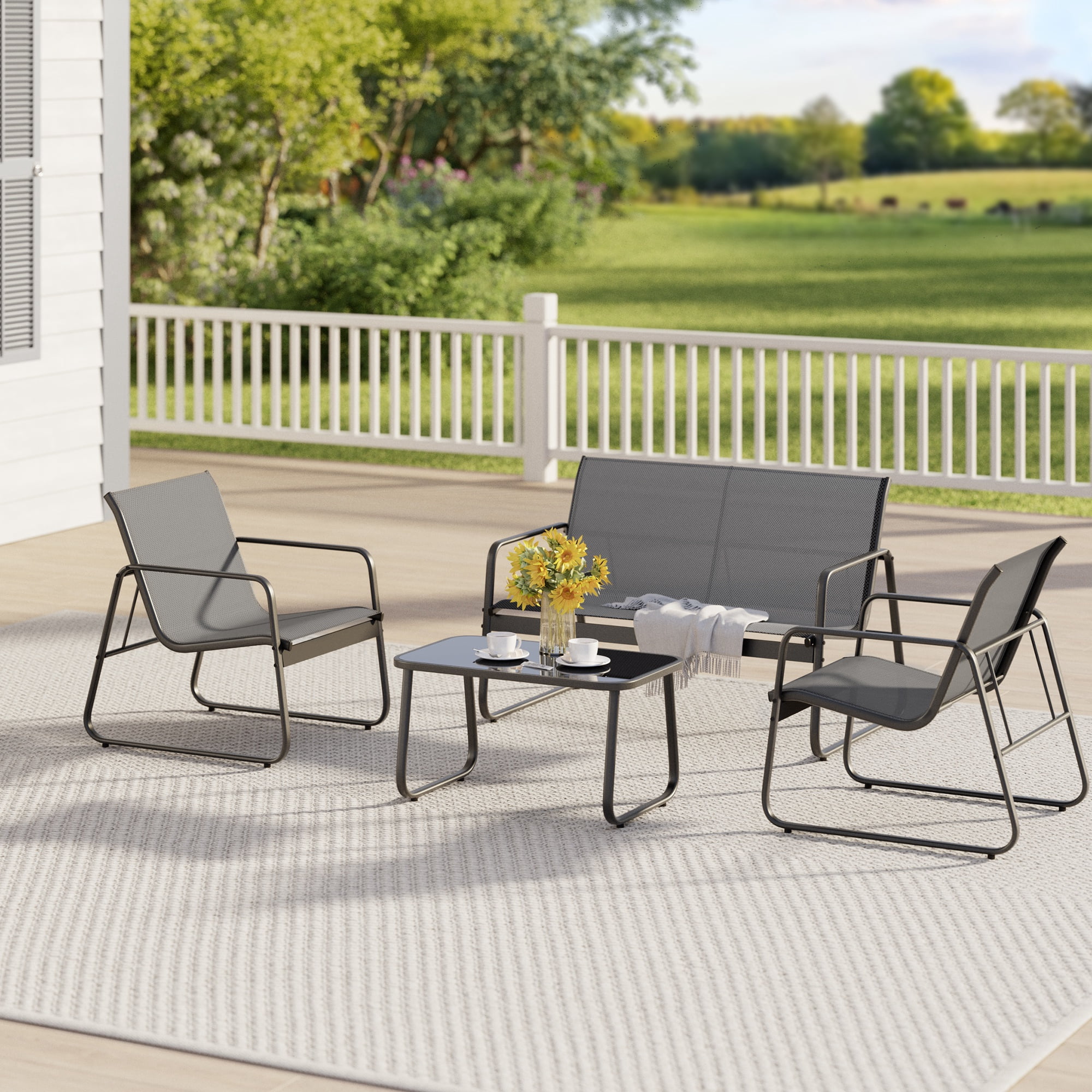 Asofer 4-Piece Outdoor Patio Furniture Set with Glass Table, Bistro Table and Chairs Set for Poolside, Porch, Lawn, Gray