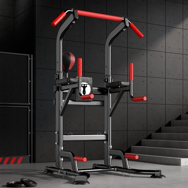 Power Tower Pull Up Bar Station Adjustable Height Dip Stand with Boxing Speed Ball,Rotating Target,Multi-Function Strength Training Fitness Workout Station for Home Gym Fitness (Black)