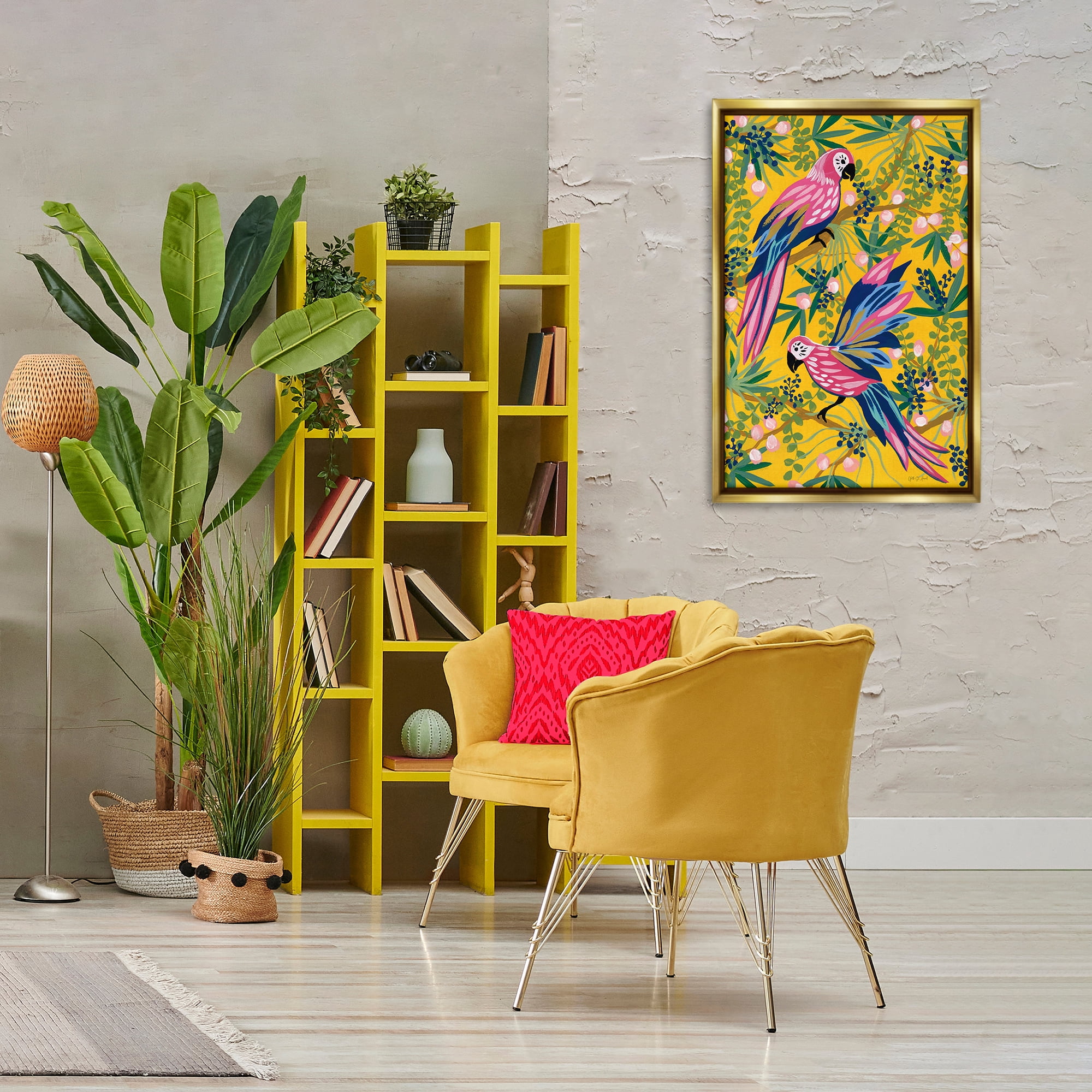Stupell Industries Maximalist Parrots Pattern Animals & Insects Painting Gold Floater Framed Canvas Art Print Wall Art, 21 x 31