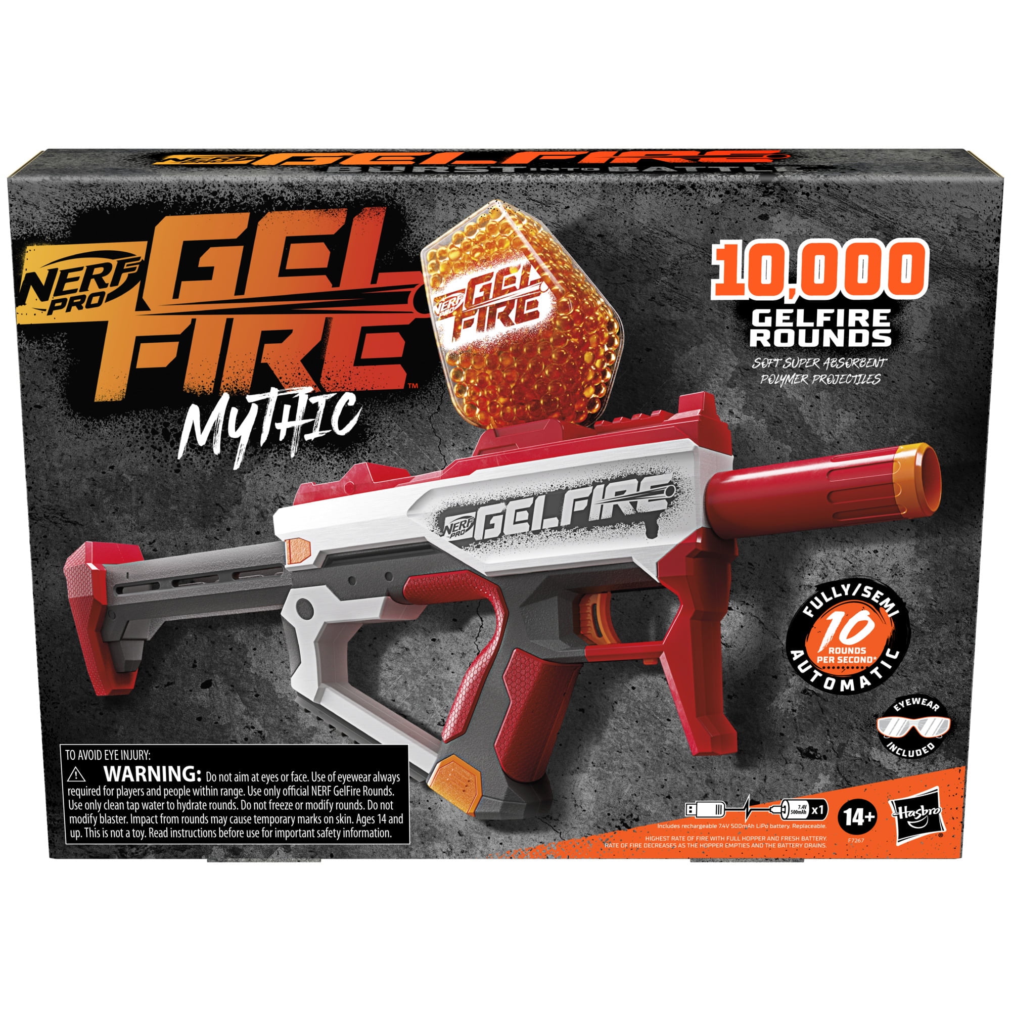 Nerf Pro Gelfire Mythic Blaster, 10,000 Gelfire Rounds, Hopper, Rechargeable Battery, Eyewear