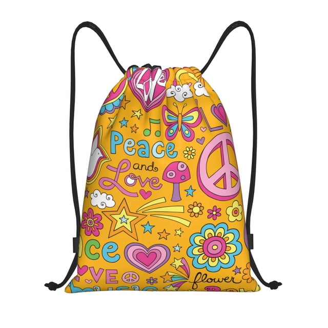 Xecao Peace Love and Dove Flower Power Pattern Sports Drawstring Backpack - String Swim Gym Bag with Wet Proof Pocket for Women&Men-Small