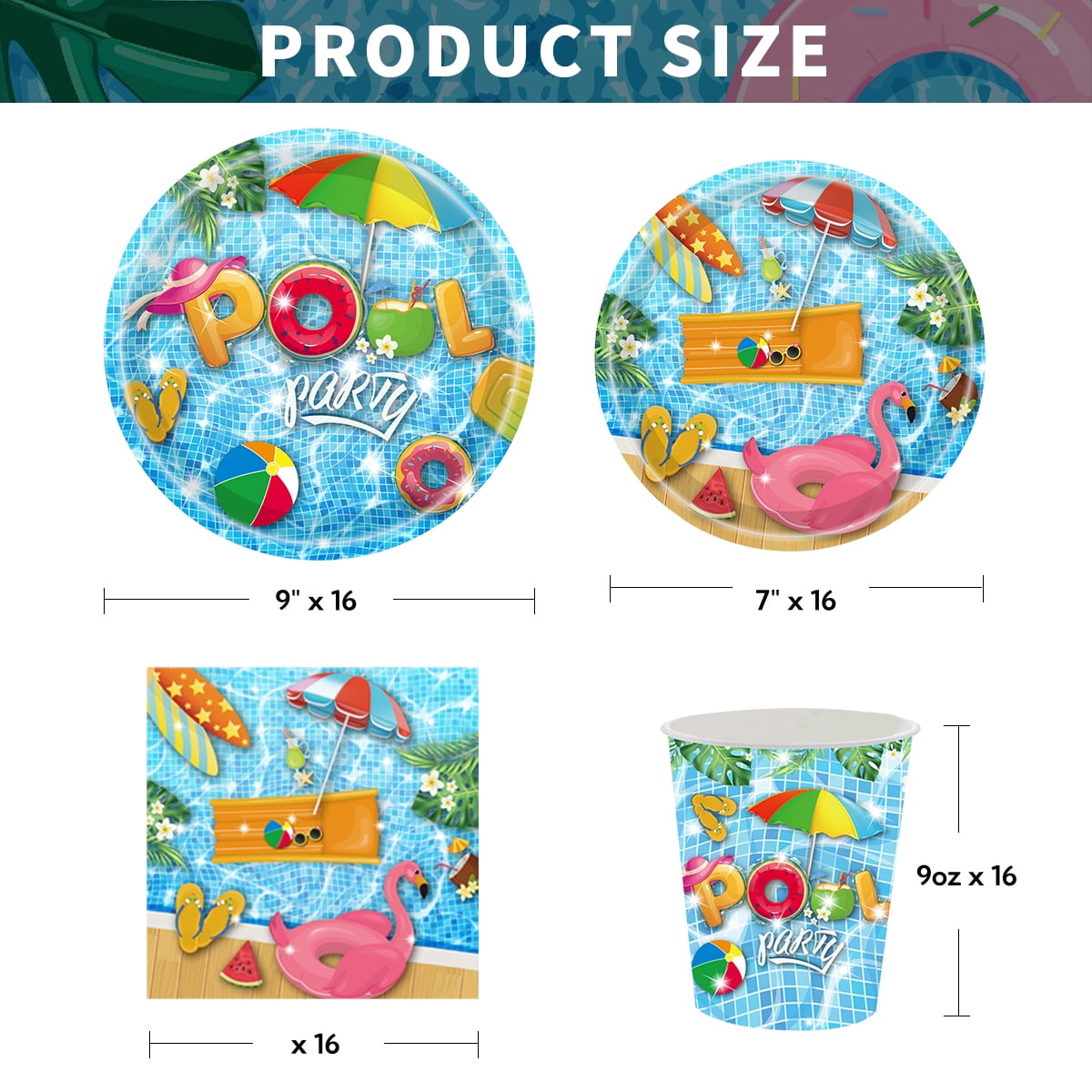Summer Party Paper Plates Pool Party Tableware Set for Beach Hawaiian Party Favor Supplies Serve 16 Guests
