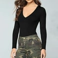 thumbnail image 4 of Black and Friday Deals under 5.00 LYXSSBYX Clearance Long Sleeve Shirts for Women's Autumn and Winter Fashion Solid Knitting V-Neck Pullover Shirt Tops Bodysuit, 4 of 5