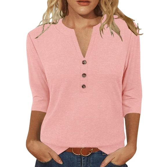 3/4 Length Sleeve Womens Tops Summer V Neck Button 3/4 Sleeve Shirts Womens Casual Solid Cotton Like Loose Fits Lightweight Comfy Short Sleeve T Shirt