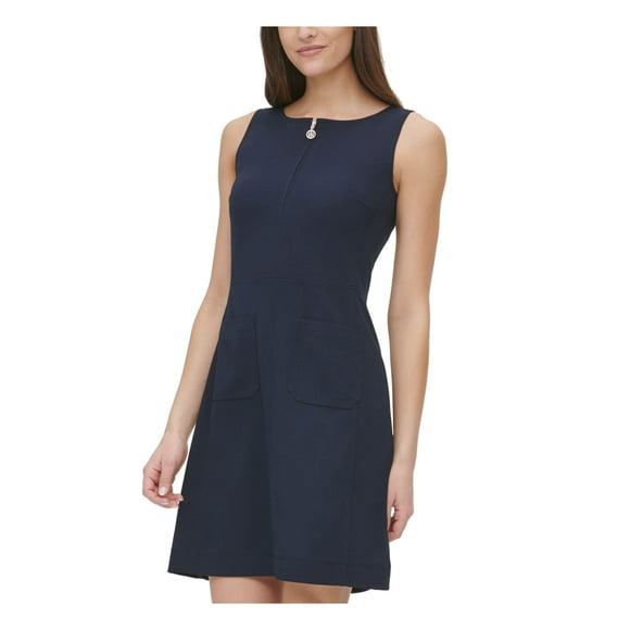 Tommy Hilfiger Womens Navy Stretch Zippered Pocketed Front Half-Zip Monogram Pull Sleeveless Round Neck Above The Knee Party Fit + Flare Dress 12