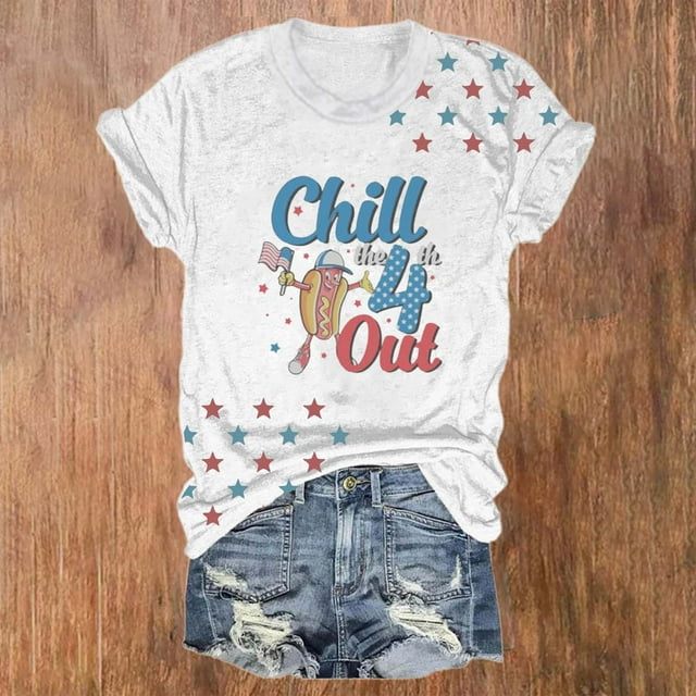 Hauts d'Été pour Femmes, Tenues T-Shirts 4 Juillet 2024, T-Shirt Col Rond Imprimé Jour de l'Indépendance, Blanc