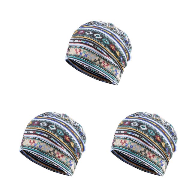 Transemion Bonnet Décontracté Musulman Hijab Imprimé Floral Turban Coloré Protection des Oreilles Ajustable Bonnet de Nuit Bleu Rayé 3Set
