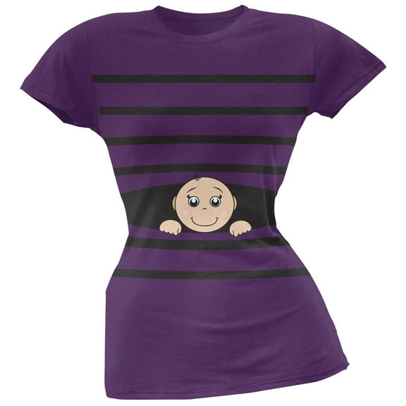 Striped Peeking Baby Purple Soft Juniors T-Shirt - Small