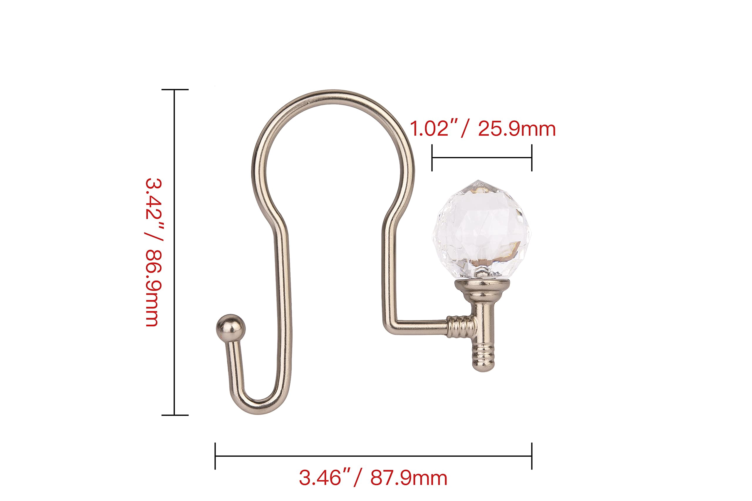 Utopia Alley  Rustproof Zinc Double Shower Curtain Hooks for Bathroom, Crystal Design, Set of 12 Brushed Nickel