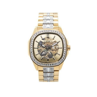 Elgin Adult Male Analog Watch in Gold and Crystals with Skeleton