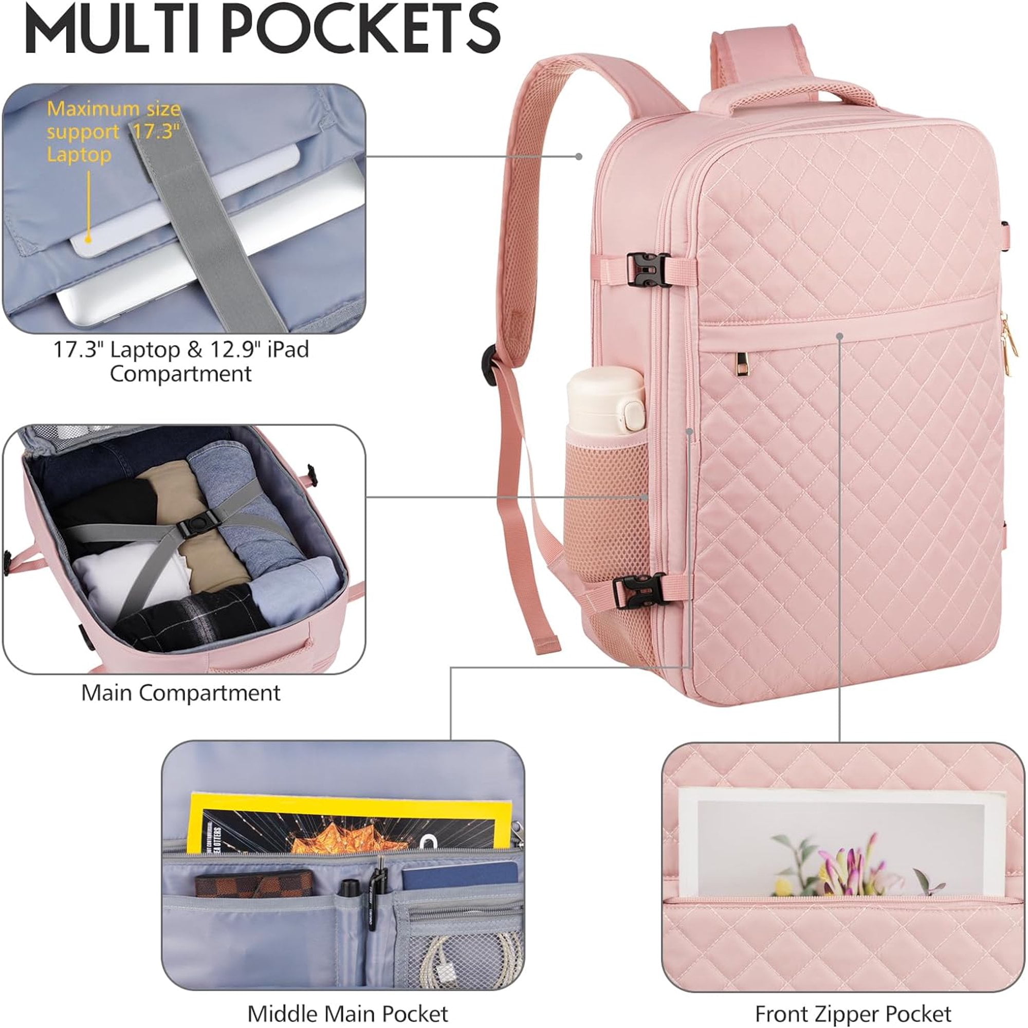 Travel Backpack For Women And Men, 40L Flight Approved Carry On Bag, Water Resistant Large Casual Daypack Fit 17 Inch Laptop with USB Charging Port, The Best Gift Choice, Pink