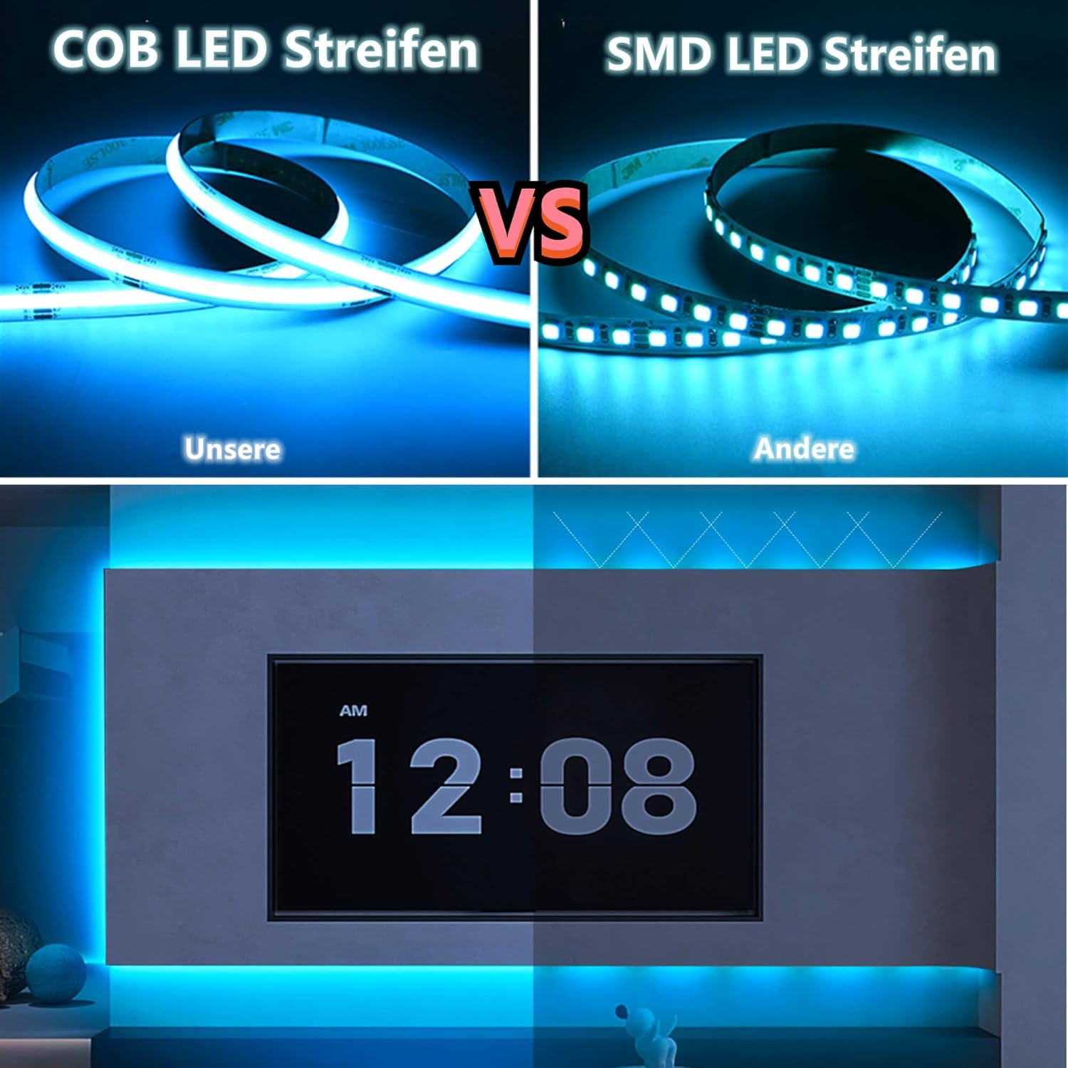24V COB RGBW LED light strip only, 5M flexible high-density uniform RGBWW LED light strip with dimmable brightness, suitable for ambient lighting