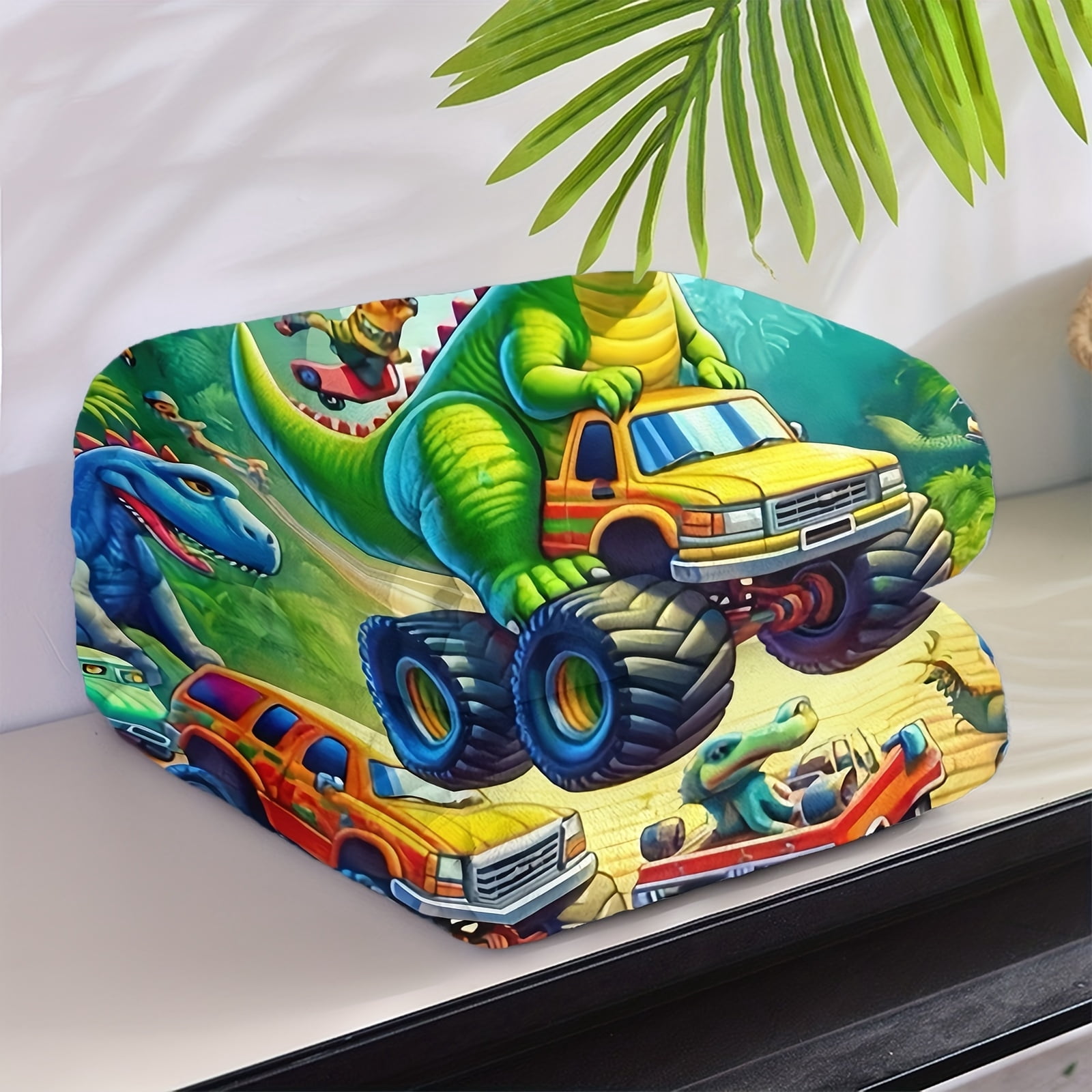 [Vibrant Dinosaur Blanket] Soft & Durable Cozy Dinosaur Truck Flannel Blanket - Vibrant Cartoon Dinosaur Design, 100% Polyester, Perfect for Naps, Car Seats & All-Season Comfort