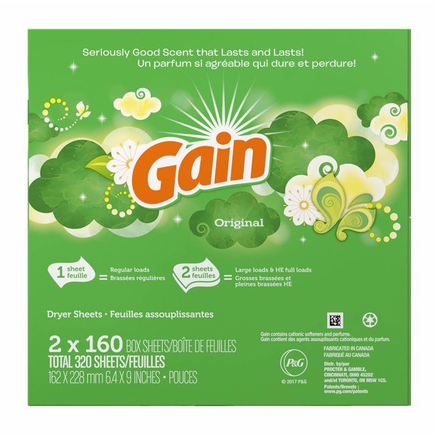 Gain Original Scent Dryer Sheets 2 Pack. 160 Count.