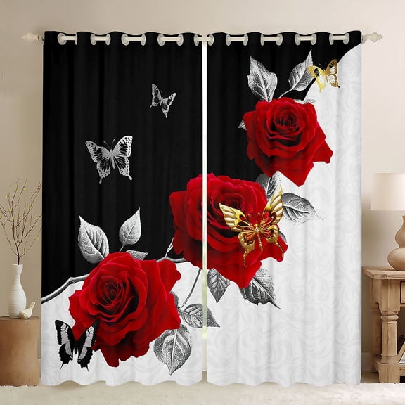Homewish Boys Girls Chic Floral Red Rose Black Out Curtains,Happy Valentine'S Day Curtains Pack of 2 (42x63 Each),Romantic Couple Lover Butterflies Bedroom Curtains,Ultra Soft Home Decor