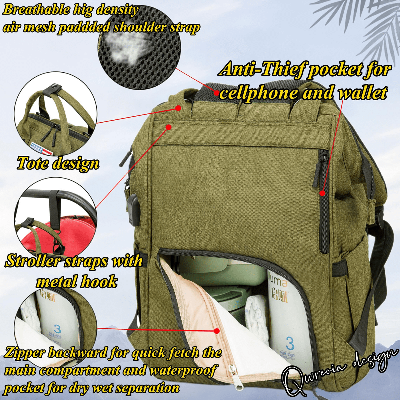 Diaper Bag Backpack for Dad and Mom with USB Charging Port Stroller Straps and Insulated Pocket,army military Travel Nappy Backpack for daddy mommy (Green)