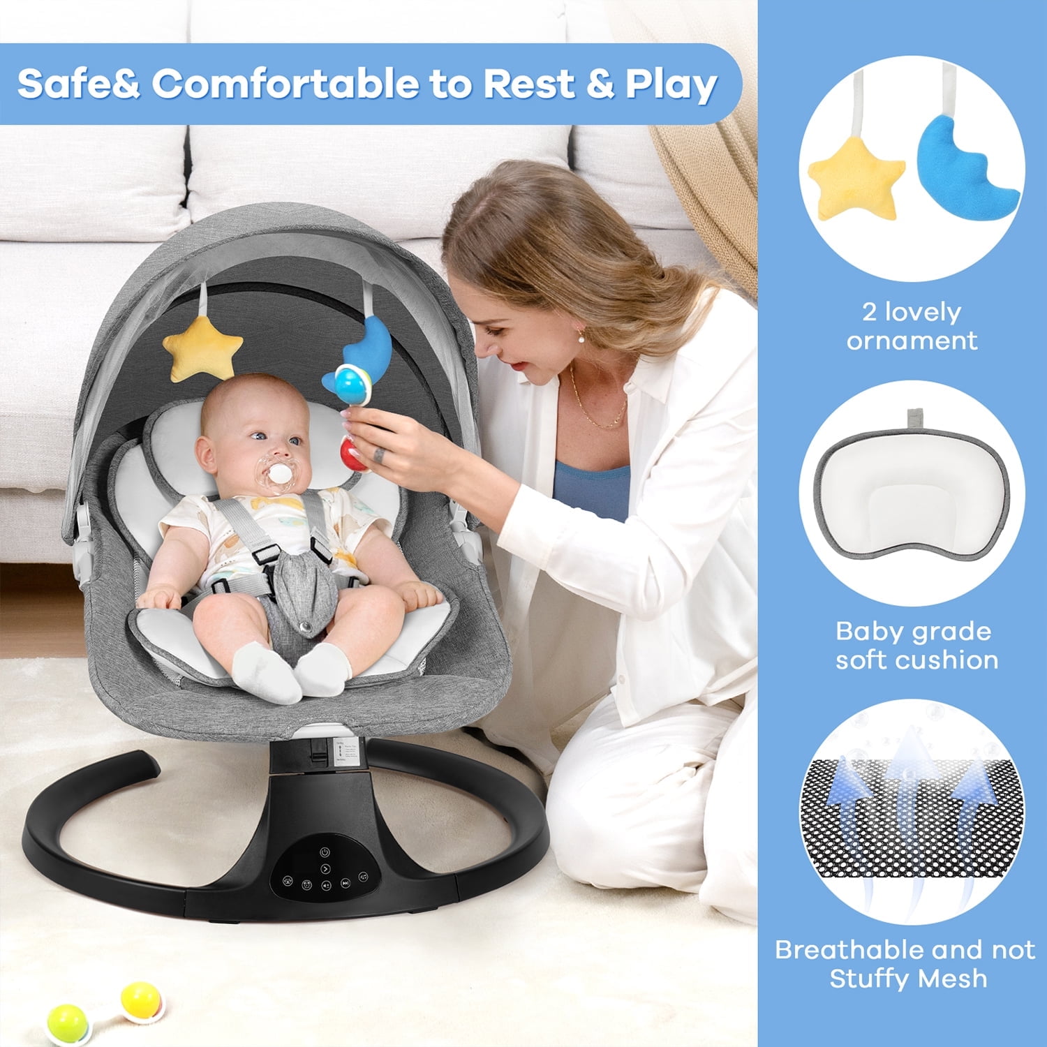 Baby Swing for Infants 0-18 Months - 5 Speed Bluetooth Baby Bouncer with 10 Lullabies, Portable Infant Swing Chair (Gray)