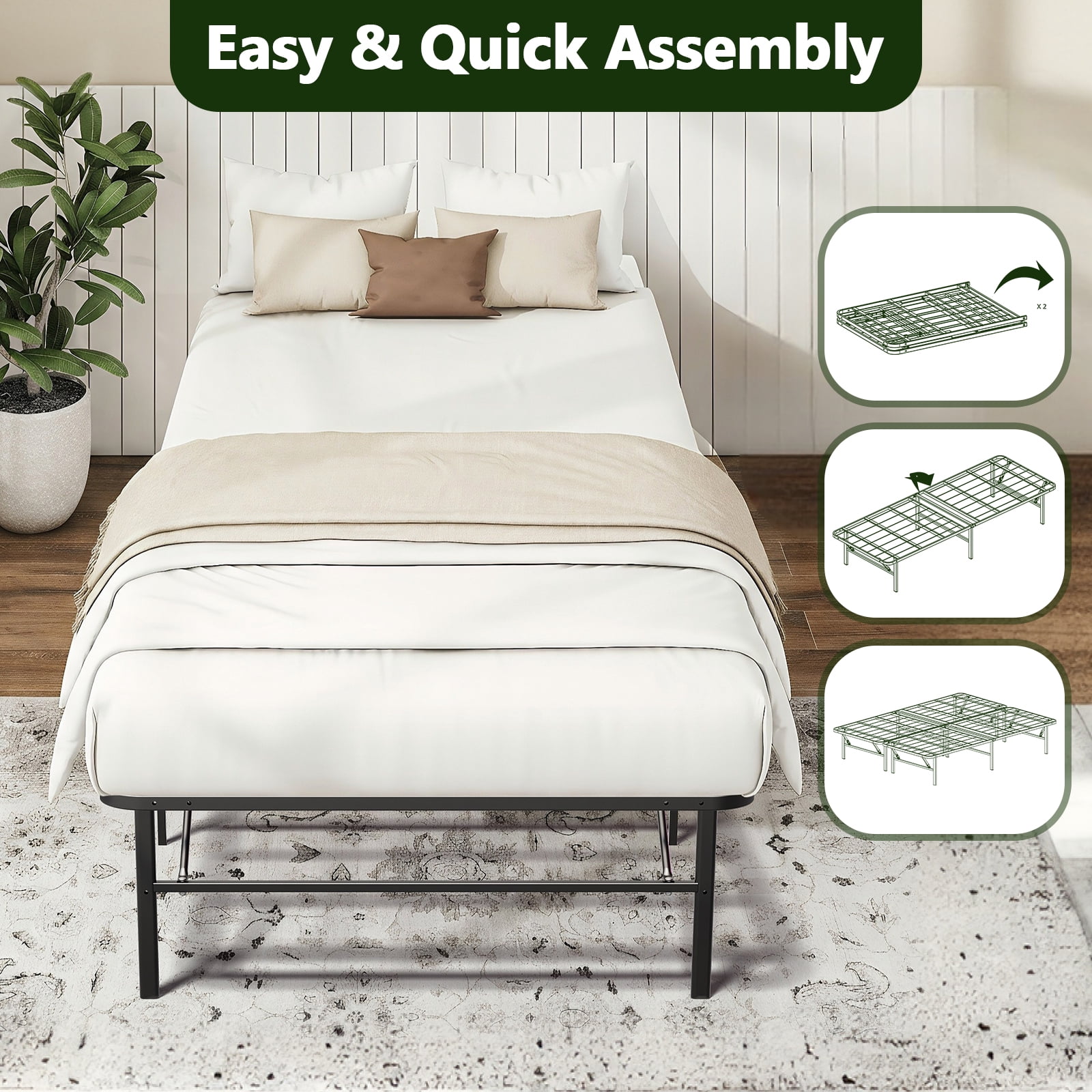 WASUHE 14" Height Twin Bed Frame, Heavy-Duty Foldable Metal Bed Frame with Underbed Storage, No Box Spring Needed - Quiet & Easy to Assemble , Ideal for Bedrooms, Apartment & Dorm Rooms, Black