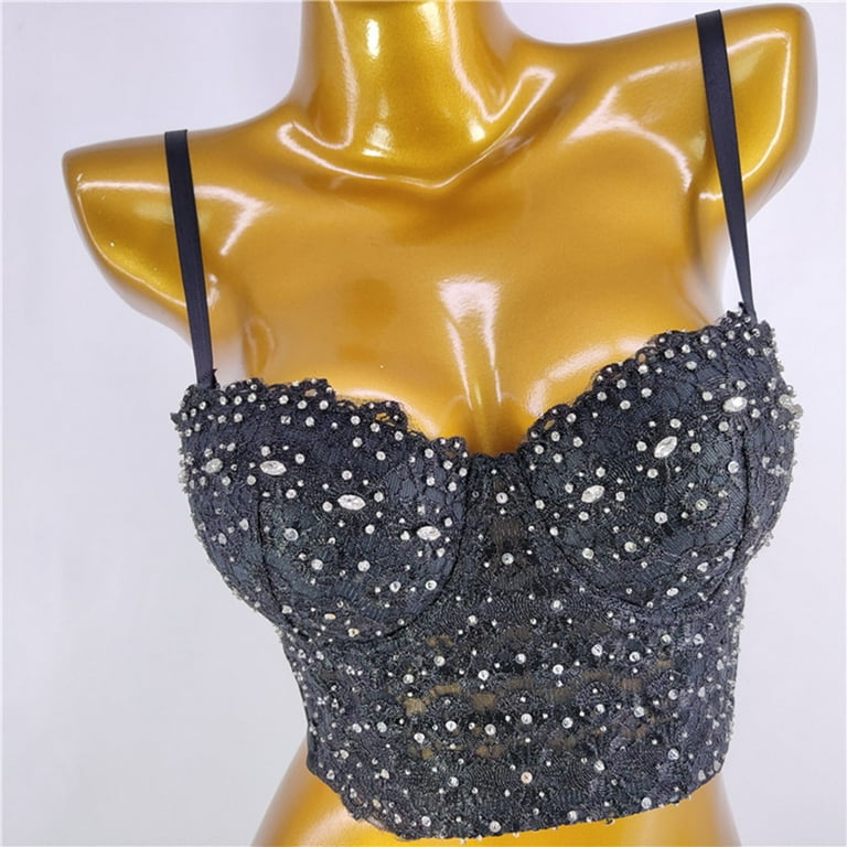 JDEFEG Cotton Bandeau Tube Top Pins Beads Brilliant Diamonds Shaping Fish  Bones Wearing Bra Showing Clothes Gathering Women's Fashion in Heavy