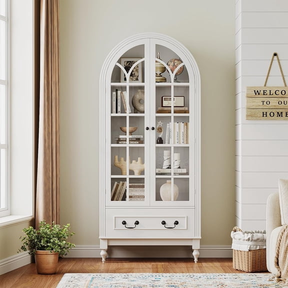 66.9" Tall Arched Kitchen Pantry Cabinet with Hidden Drawers & Adjustable Shelves, Bookshelf with Glass Door, Arched Cabinet for Kitchen, Dining Room