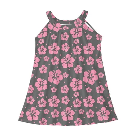 KAOOCXU Versatile Dress For Girl Palm Flower Printed Sleeveless 0-Neck Strap Dresses Kids Durable Playsuit Sunsuit Clothes