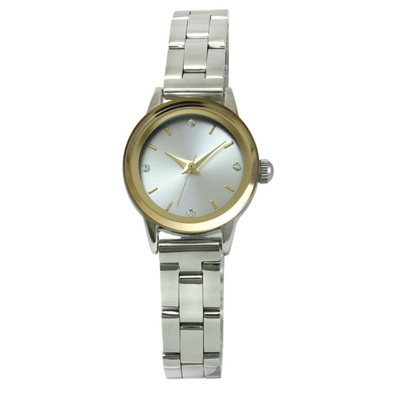 Time & Tru Ladies 22mm Silver Tone With Gold Mettalzied Glass Bezel Stainless Steel Bracelet Watch