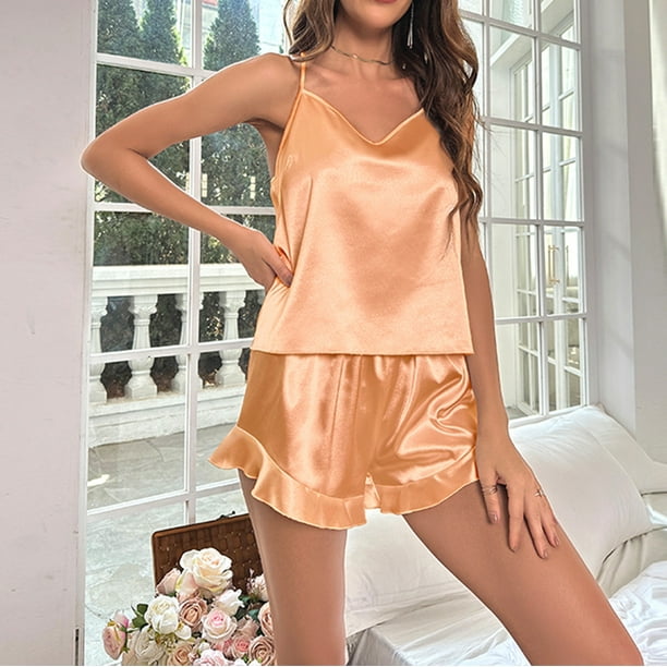 Pajamas Set Soft Women Satin Sleepwear Lingerie 2 Piece Silk Pjs Cami top  and Ruffle Shorts Sleep Camisole Nightwear