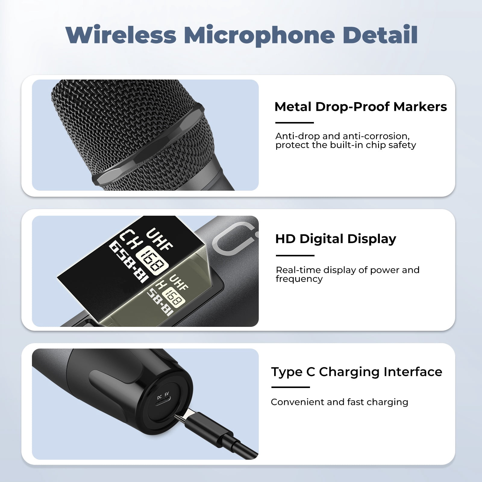 JYX Dual Wireless Microphones, Handheld Dynamic Microphone Battery Operated with Rechargeable Receiver, Professional Karaoke Microphone Set