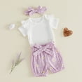 thumbnail image 4 of 0-3 Months Newborn Baby Girls Comfortable And Breathable Set Short Sleeve Top Cute Floral Printed Shorts Hairband Three Piece Set Purple, 4 of 8