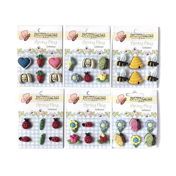 Buttons Galore "Spring Fling" assortment of 3D, hand dyed and hand painted craft & fashion buttons - Set of Six Cards