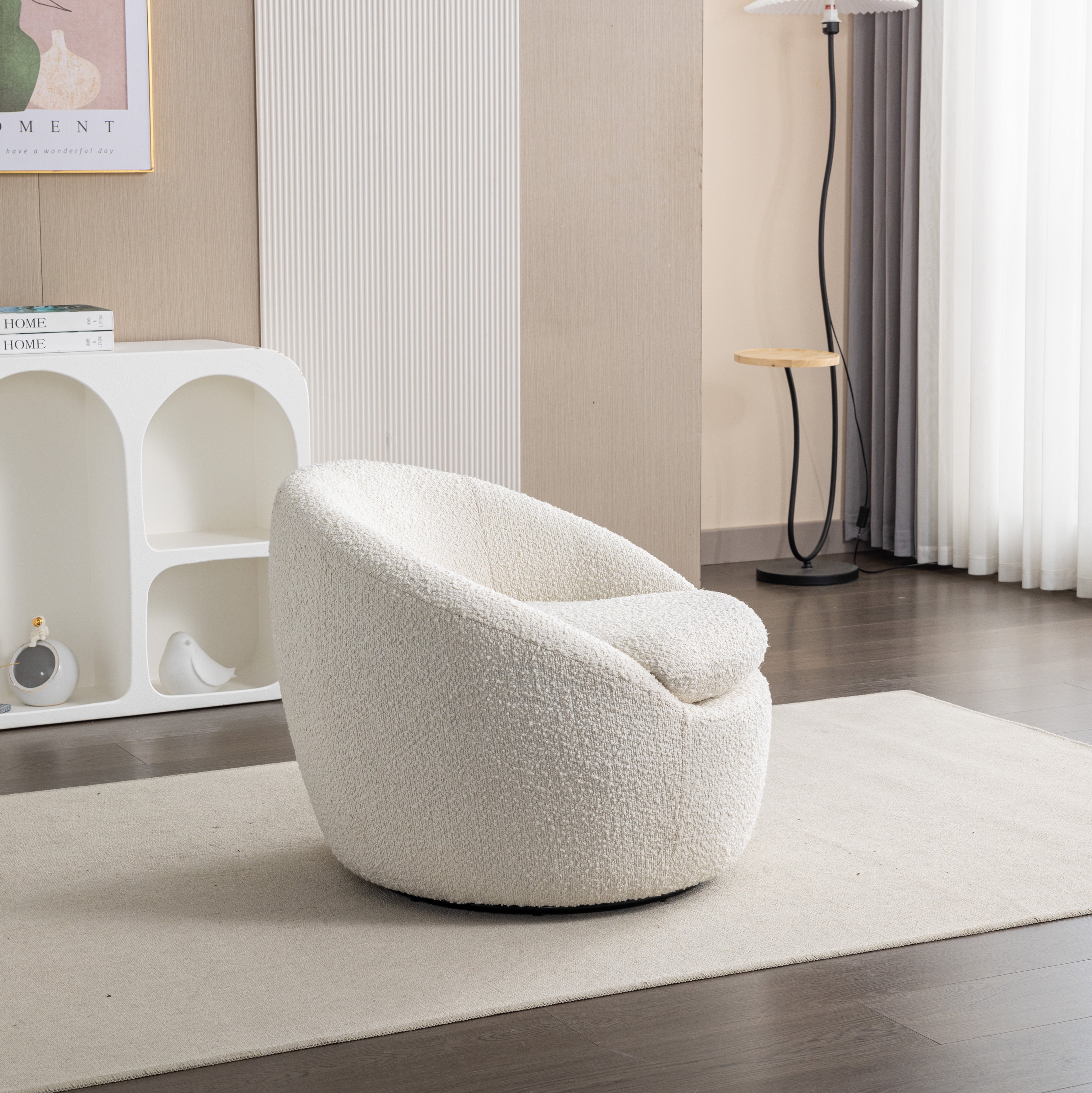 Roundhill Furniture Winnie Modern Teddy Boucle Fabric Barrel Chair, 360 Degree Swivel, White