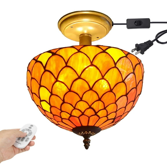 Kiven 11.8in Plug-in Flush Mount Ceiling Light Fixture, 2-Light Anti Glare Close to Ceiling Light with 15FT Cord, Tiffany-Style Glass Chandelier Dimmable for Bedroom Kitchen Hallway(No.3188)