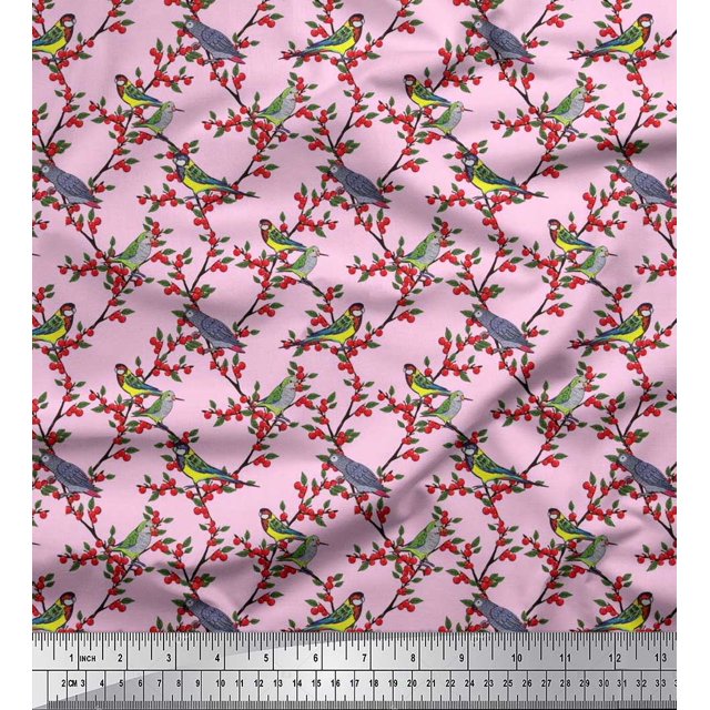 Soimoi Tissu en Rayonne Feuilles, Baies Rouges & Imprimé Perroquet Tissu de Couture Yard 56 Pouces de Large