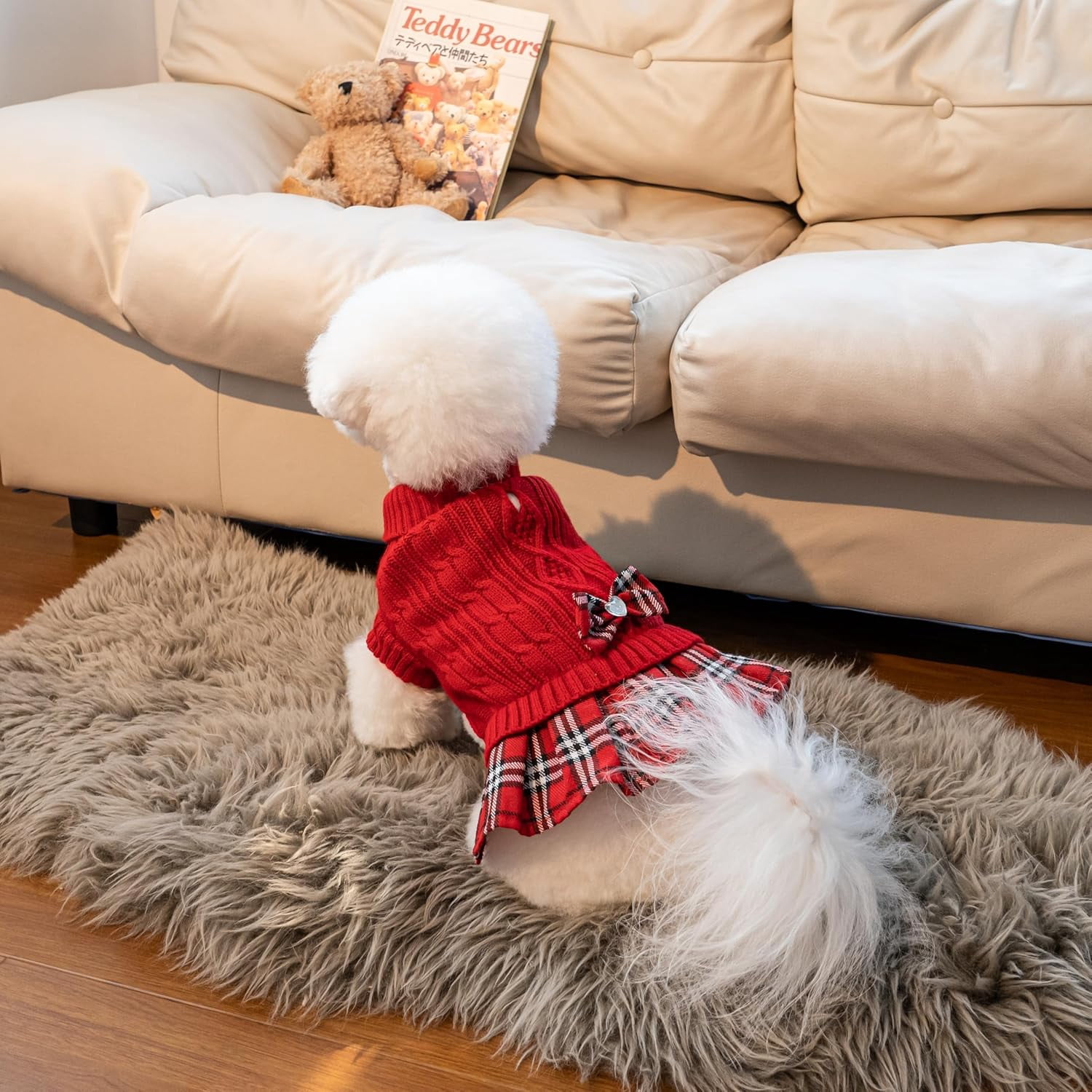 Girl Dog Sweater Dress with Bowtie Turtleneck Small Dogs Sweater with Leash Hole, Knitted Small Dog Sweaters Dress Puppy Winter Clothes for Yorkies Chihuahua (Large, Red)