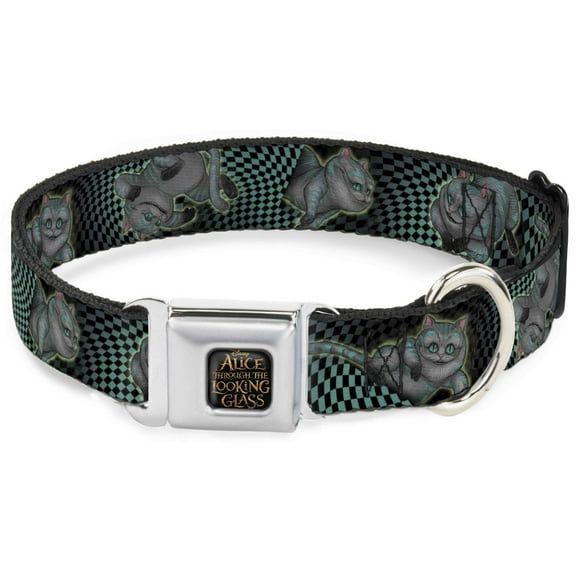 Disney Pet Collar, Dog Collar Metal Seatbelt Buckle, Cheshire Cat Poses Checkers Teal Black, 16 to 23 Inches 1.5 Inch Wide