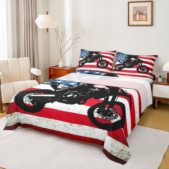 Homewish Motorcycle Game Twin Sheet Sets,Exterme Sport Twin Fitted Sheet,American Flag Flat Sheet For Boys Teens,Super Cozy Room Decor,3pcs