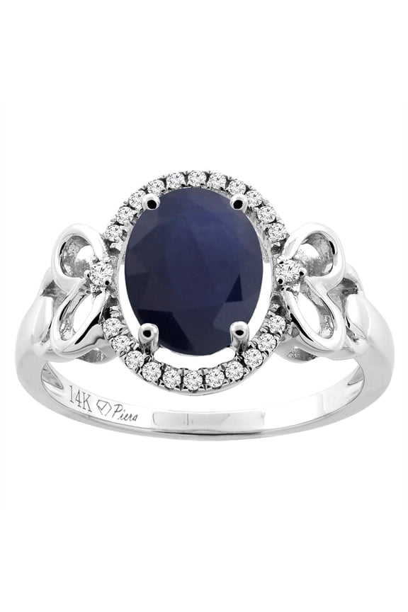 14K White Gold Natural Diffused Ceylon Sapphire Halo Ring Oval 9x7 mm Diamond & Heart Accents, size 5