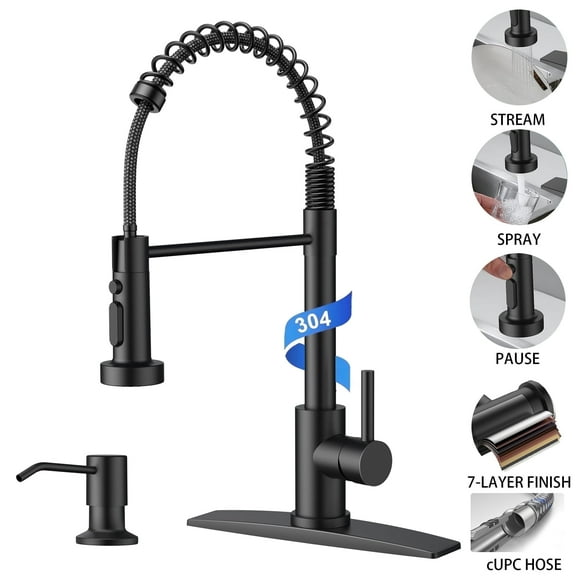 TVOFEK Kitchen Faucet with Sprayer and Soap Dispenser, Black Single Handle Kitchen Sink Faucets with Deck Plate for 1 or 3 Hole, Spring Faucet for RV Laundry Bar