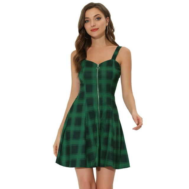 INSPIRE CHIC Robe Sans Manches à Carreaux pour Femmes avec Fermeture Éclair devant Vert Bleu G