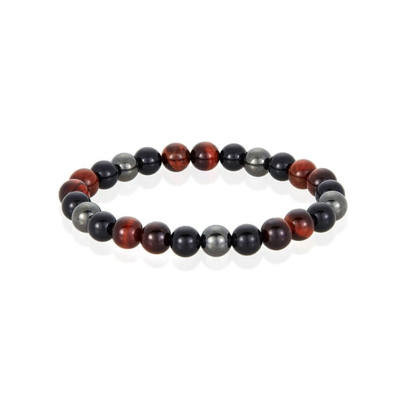 Crucible Jewelry Men's Red Tiger Eye Stone with Onyx and Hematite Bead Stretch Bracelet (8mm)