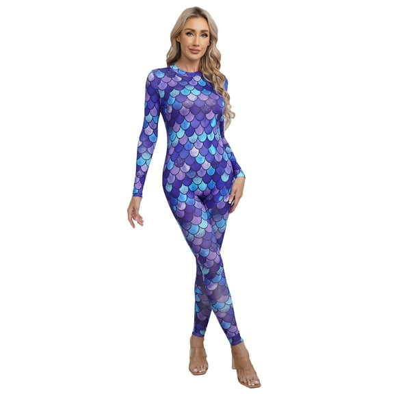 YiZYiF Womens Mermaid Costume Fish Scale Print Jumpsuit One Piece Long Sleeve Swimming Bodysuit Beachwear Type C XL