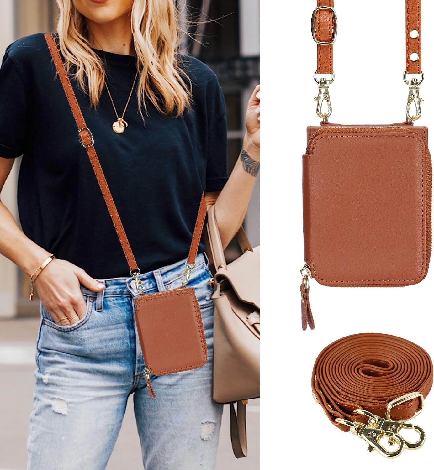 REQO Phone Case for Motorola Razr 40/Moto Razr 2023 Wallet Cover with Credit Card Holder Zipper Slot Shoulder Crossbody Strap Lanyard RFID Blocking Mobile TPU Cell Purse XT2323-6 Women Girls Brown