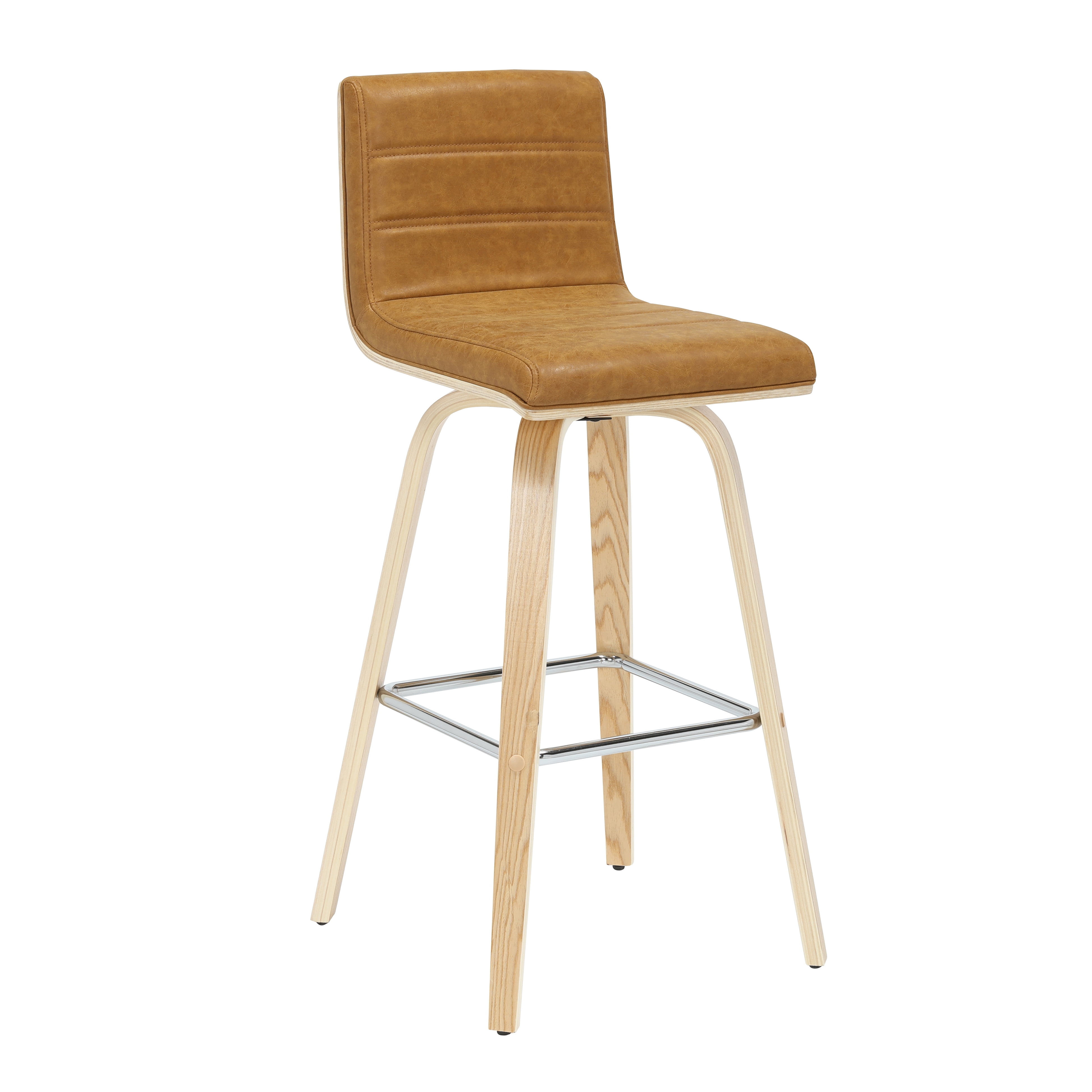 Vienna 39.5 in. H Swivel Bar Height Camel Square Back Wood Bar Stool with Faux Leather Seat Set of 3